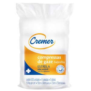 Compressa de Gaze 13 Fios 7,5 x 7,5cm Estrela Não Estéril com 500un. Cremer