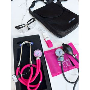 Kit Enfermagem Acadêmico Completo Rosa Esteto Esfigmo Garrote Bolsa e Óculos Garantia 2 Anos P.A Med