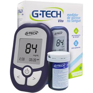 Kit Medidor de Glicose G-Tech Vita Com 10 Tiras + 10 Lancetas E Caneta Lancetadora - Glicosímetro Glicemia