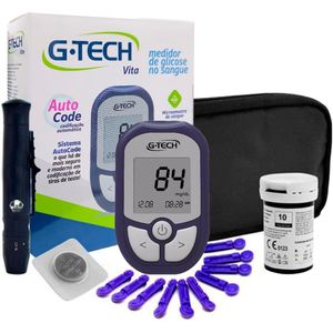 Kit Medidor de Glicose G-Tech Vita Com 10 Tiras + 10 Lancetas E Caneta Lancetadora - Glicosímetro Glicemia