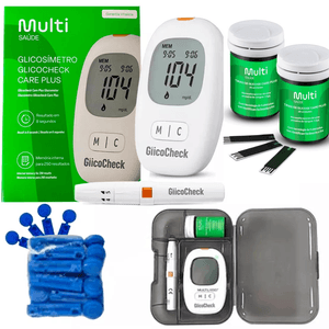 Kit Medidor de Glicose GlicoCheck CarePlus - 60 Tiras + 110 Lancetas E Caneta Lancetadora - Glicosímetro Glicemia